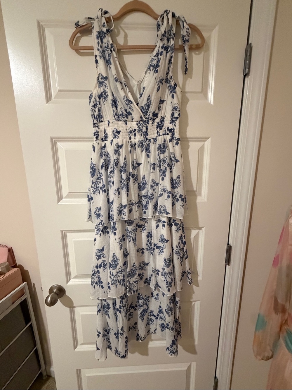 Tied-Shoulder Cream Maxi Dress with Blue Floral Print